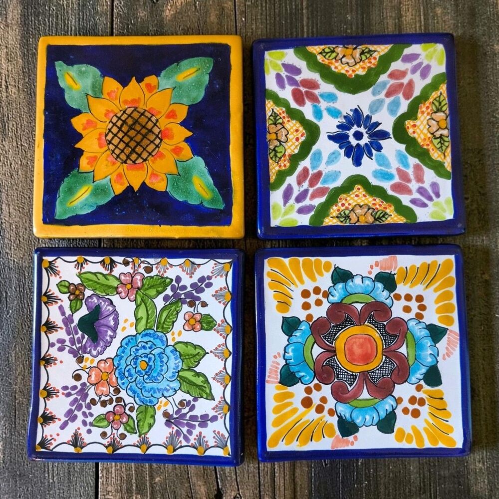Vintage Mexican Talavera Hand Painted Tile Coasters Set of 4 Floral 4”